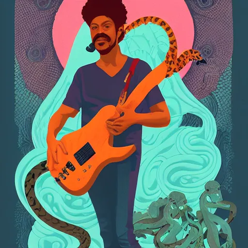 Prompt: portrait of Carlos Santana playing guitar with snakes evolving from his bofy by Sachin Teng and wlop