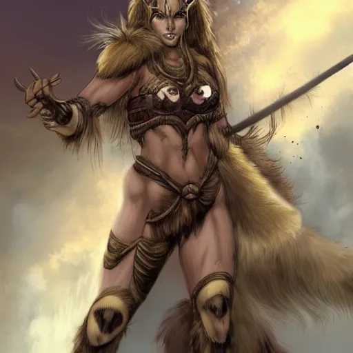 Prompt: comic book art, female Minotaur warrior, brown fur, white spots, fantasy concept art