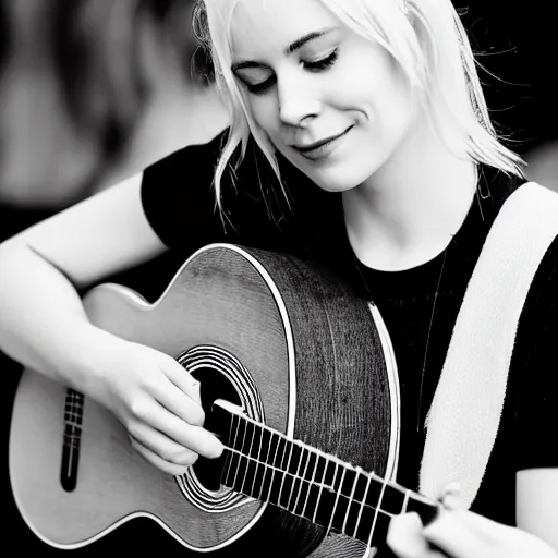 Image similar to Phoebe Bridgers playing a ukulele, black and white photo