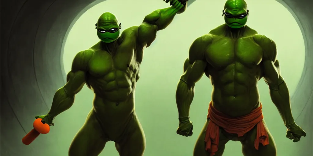 Image similar to a green skinned muscular humanoid bi pedal kung fu turtle, with an orange eye mask, holding nunchucks, heroic pose, cinematic, volumetric moody lighting in a sewer, highly detailed, digital painting, artstation, concept art, matte, sharp focus, illustration, art by artgerm and greg rutkowski and alphonse mucha