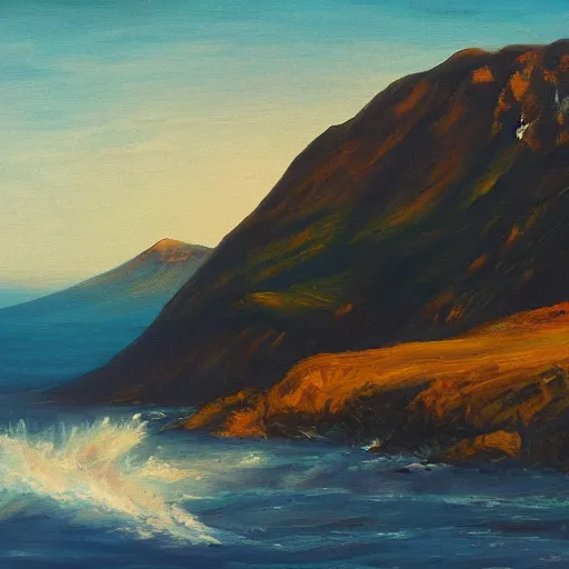 Image similar to mountains in the foreground, sea in the background at dawn, painting