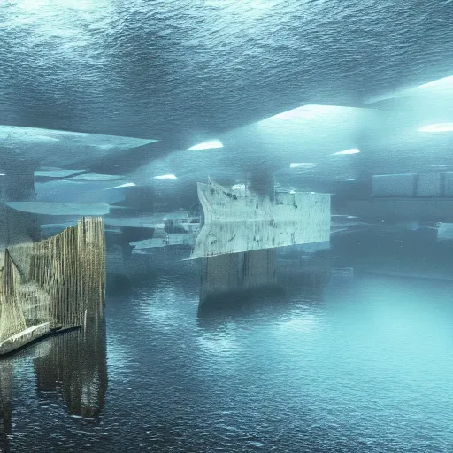 Prompt: underwater Scottish Parliament, deep underwater, fish shoal, concept art in style of Greg Rutkowki, dynamic lighting, 4k, very very very highly detailed, hyper realistic