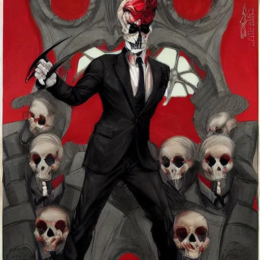 Image similar to Black suit, red tie and gloves, blond comb over and skull face mask, by Gerald Brom and Kim Kyoung Hwan