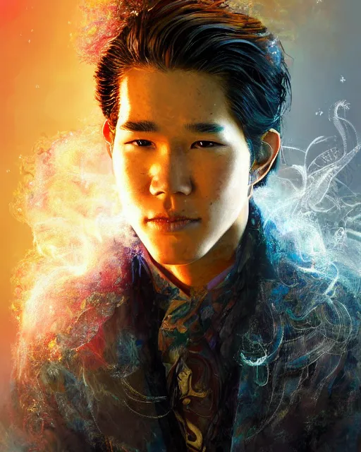 Prompt: a highly detailed portrait of booboo stewart radiating a powerful energy aura, ornate back tuxedo, wispy tendrils of smoke, intricate, digital painting, old english, raining, particles floating, whimsical background by marc simonetti, artwork by liam wong