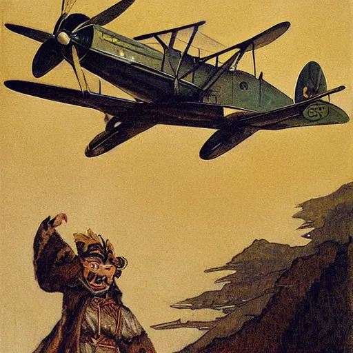 Image similar to a charles r knight painting of a yokai piloting a propeller plane