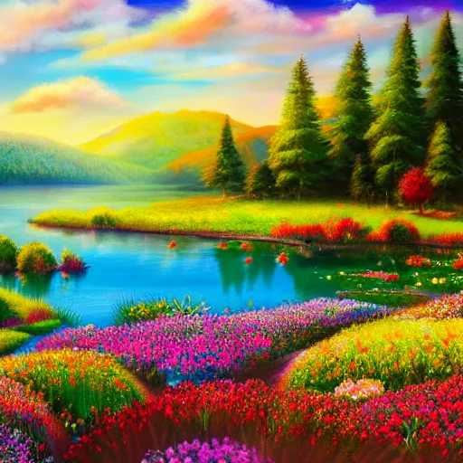 Image similar to meadow with colorful flowers and lake detailed airbrushed magical realism landscape painting 4 k