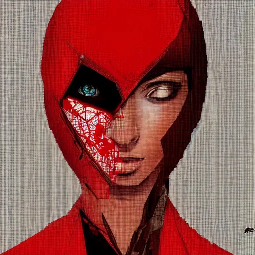 Prompt: portrait of a daydreaming latina woman in a red hood being progressively rasterized into pixels, surrounded by digital birds, by yoji shinkawa, esao andrews and dave mckean