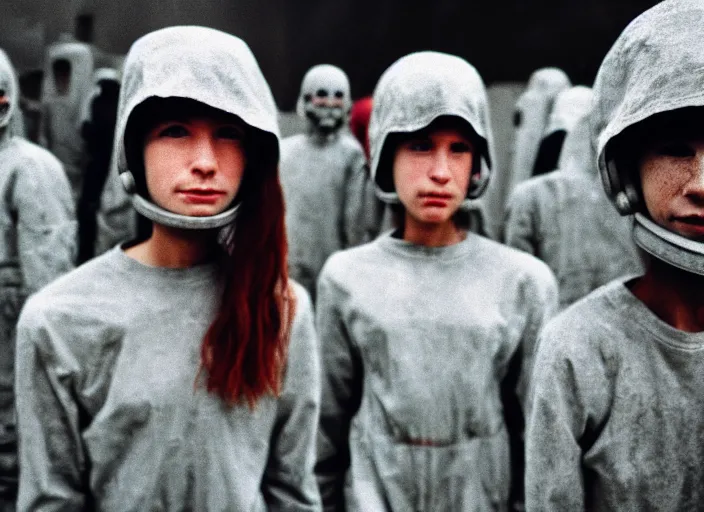 Image similar to cinestill 5 0 d photographic portrait by helen levitt of a group of cute android women wearing rugged black mesh techwear in a foggy cement maze, extreme closeup, modern cyberpunk, dust storm, 8 k, hd, high resolution, 3 5 mm, f / 3 2, ultra realistic faces, intricate detail, ex machina