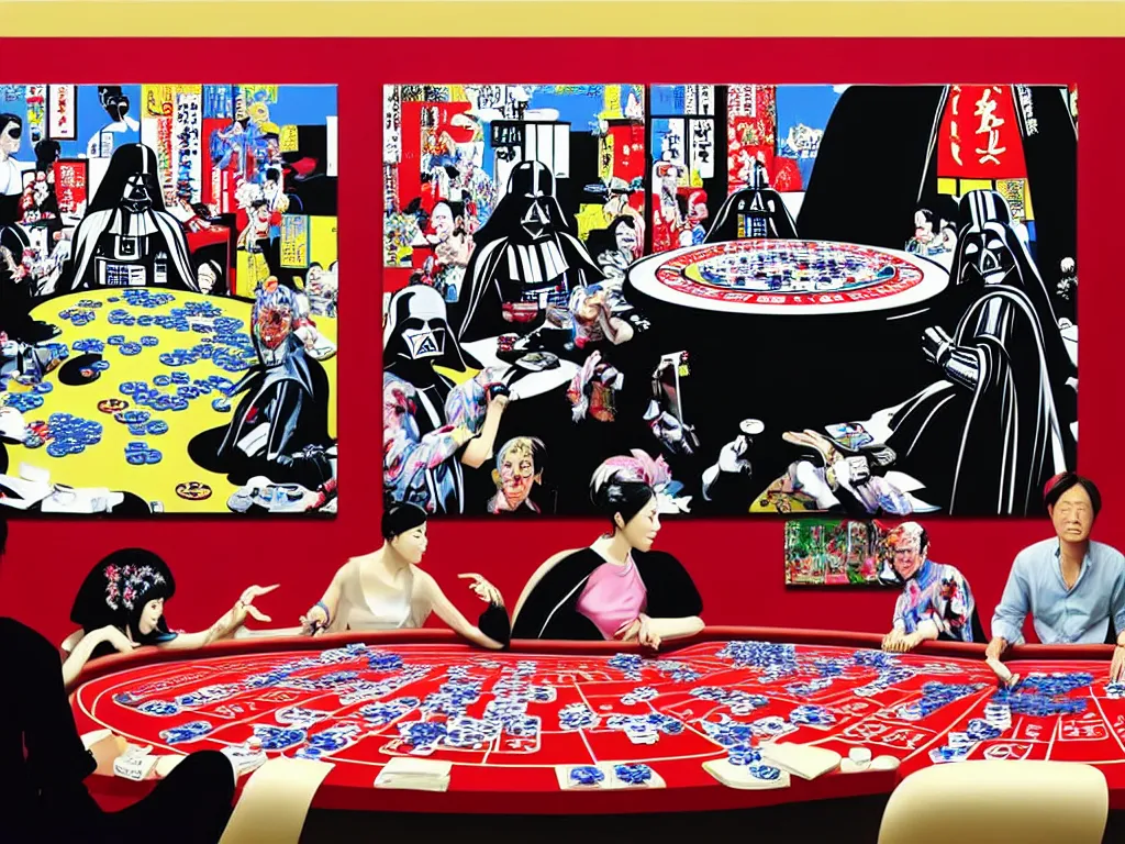 Image similar to hyper - realistic composition of a large room with an extremely detailed poker table in the center, woman in traditional japanese kimono standing nearby, darth vader sitting at the table, fireworks in the background, pop art style, jackie tsai style, andy warhol style, acrylic on canvas, dull palette