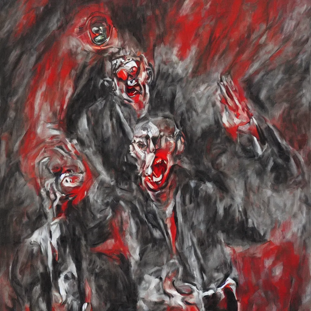 Image similar to oil painting of evil vladimir putin, screaming eyes wide shot art by francis bacon