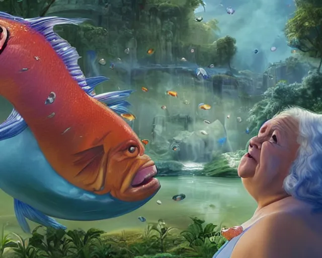 Image similar to of a very beautiful scene. ambient occlusion render. a sweet fat old woman is giving birth to a huge colorful fish. hyper realistic. 4 k. wide angle. sadness. shininess. symmetrical face, red mouth, blue eyes. deep focus, lovely scene. ambient occlusion render. concept art. unreal engine.