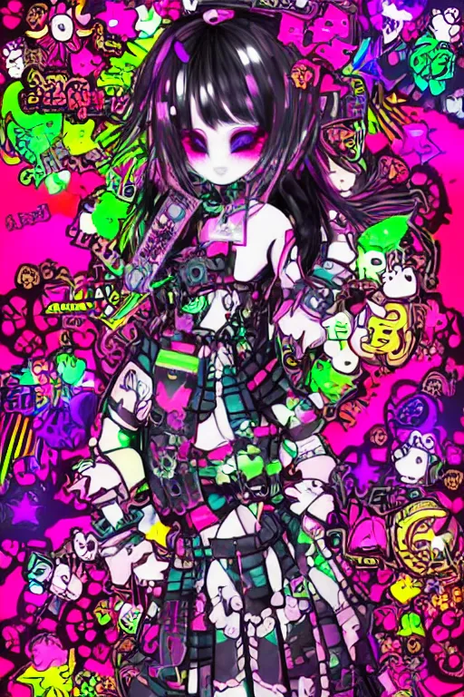 Prompt: cybergoth decora glitchcore yokai girl, sanrio ornaments, pastel cute cinematography | spiked korean bloodmoon sigil stars draincore, gothic demon hellfire hexed witchcore aesthetic, dark vhs gothic hearts, neon glyphs spiked with red maroon glitter breakcore Y2K horrorcore metal album cover