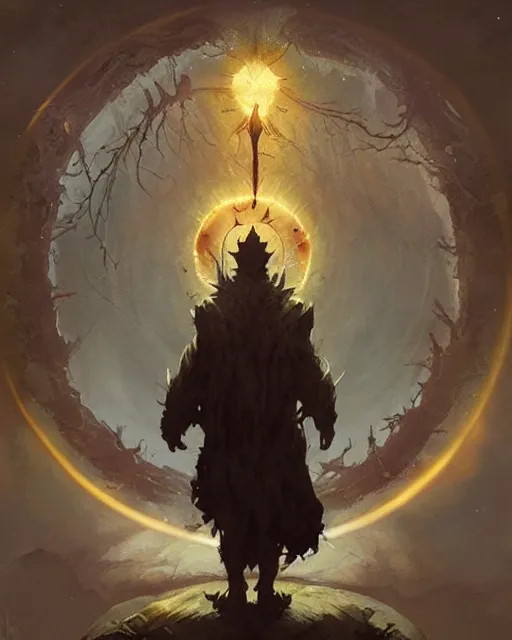 Image similar to a druid standing in a circle at the beginning of the world by greg rutkowski and frank frazetta and peter mohrbacher and william blake