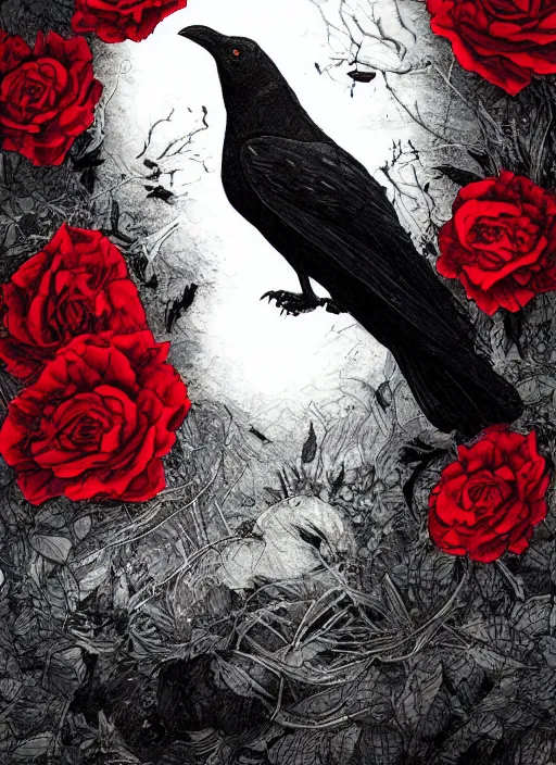 Image similar to portrait, A crow with red eyes in front of the full big moon, book cover, red roses, red white black colors, establishing shot, extremly high detail, foto realistic, cinematic lighting, pen and ink, intricate line drawings, by Yoshitaka Amano, Ruan Jia, Kentaro Miura, Artgerm, post processed, concept art, artstation, matte painting, style by eddie mendoza, raphael lacoste, alex ross