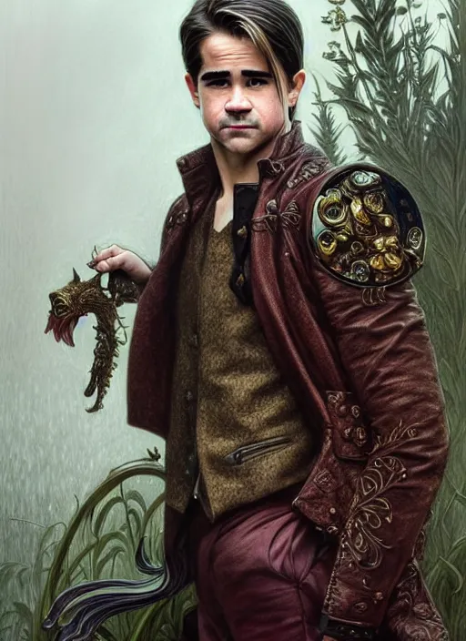 Image similar to teen colin farrell as a modern - day aristocrat wearing dress boots, detailed face, d & d, wet, shiny, fantasy, intricate, elegant, hyper detailed, ultra definition, photoreal, artstation, unreal engine rendered, concept art, smooth, sharp focus, illustration, art by artgerm and greg rutkowski and alphonse mucha and garis edelweiss