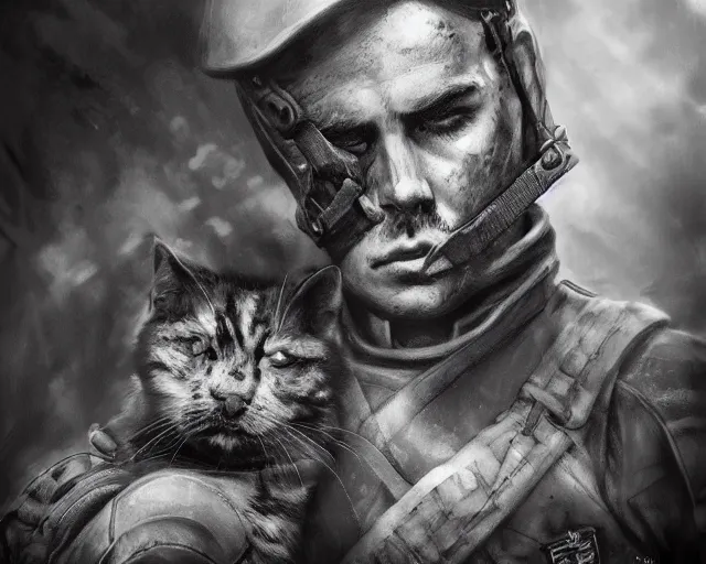 Image similar to A soldier holding a warrior cat in world war 1, close-up, realistic face, beautiful face detail, mature facial features, black and white, amazing digital art, hyper detailed, artstation, in the style of Tony Sart