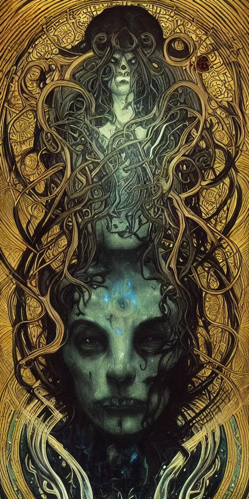 Image similar to intense glowing pagan black metal god with horns and tentacles and intense glowing eyes and a skull in very dark cosmic space by alphonse mucha and karol bak and artgerm and beksinski, portrait, fantasy, clear, light beams, lens flare, intense, uhd, amazing depth, cinematic lighting, gold and black and teal