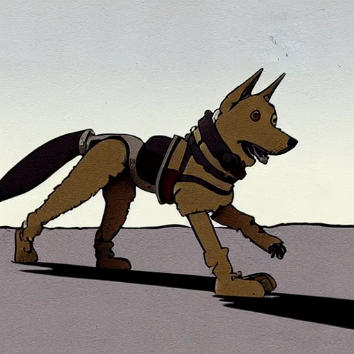 Prompt: a study of cell shaded cartoon of a grey robot sled dog from howl's moving castle ( 2 0 0 4 ) on a desert road, full body, wide shot, very muted colors, post grunge, studio ghibli, laurie greasley, highly detailed, deviantart, art by artgem