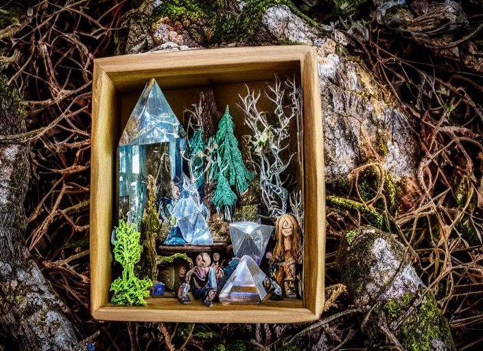 Image similar to photo of a crystal box with wonders inside in the forest. Fantasy horror style. Highly detailed 8k. Intricate. Nikon d850 55mm. Award winning photography.