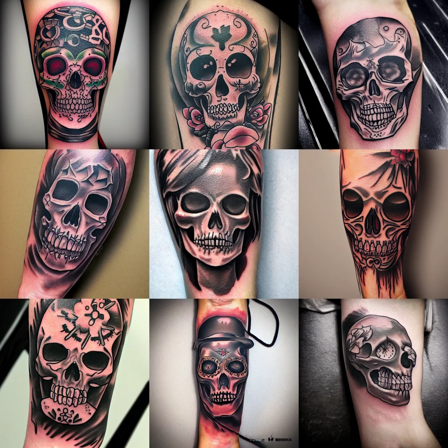 Prompt: cartoon muerte tattoo on forearm by ruben barahona, intricate, extremely detailed, digital painting, artstation, concept art, smooth, sharp focus, illustration, intimidating lighting, incredible art,