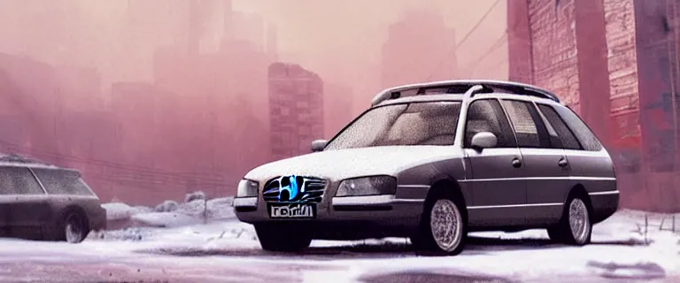 Image similar to Audi A4 B6 Avant (2002), a gritty neo-noir, dramatic lighting, cinematic, eerie person, death, homicide, homicide in the snow, viscera splattered, gunshots, bullet holes, establishing shot, extremely high detail, cracked windows, photorealistic, arson, cinematic lighting, artstation, by simon stalenhag, Max Payne (PC) (2001) winter New York at night, In the style of Max Payne 1 graphic novel, flashing lights, Poets of the Fall - Late Goodbye