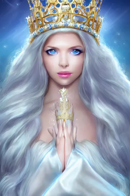 Image similar to Beautiful Queen!!, white long hair, sky blue eyes, tight white silk dress, white long gloves, bear foot, crown made of gold and diamonds, intricate, fantasy, elegant, artstation, hard focus vivid colours