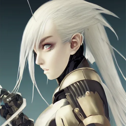 Image similar to Renaissance oil portrait of an anime girl with white hair wearing Elden Ring armour in the style of Yoji Shinkawa, weird camera angle, noisy film grain effect