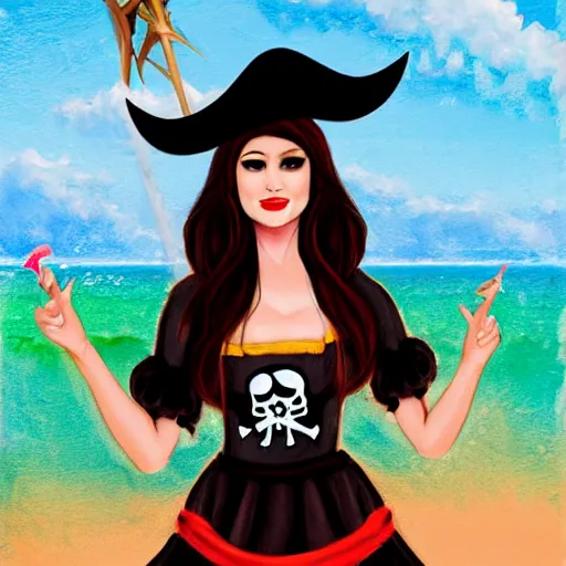 Image similar to dancing brunette milk maid woman wearing a pirate hat shore seascape in the style of Ross Tran