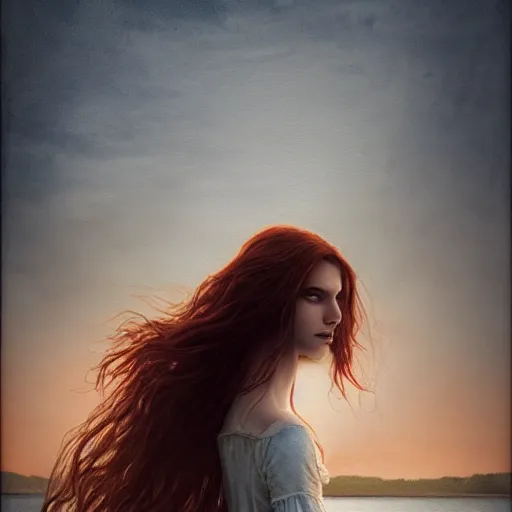 Prompt: young beautiful woman by the lake, hair waving in the wind, sunset, high detail, dramatic light, digital art, chiaroscuro, dark, painted by seb mckinnon and caspar david friedrich, trending on artstation