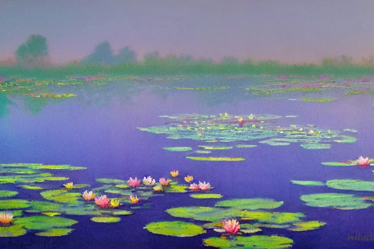 Prompt: impressionism painting of a pond of water lilies on a foggy morning, sun low on horizon through high skyscrapers, soft light, misty, realistic