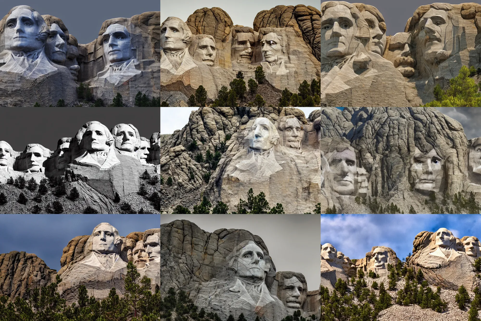 Prompt: wide angle view, mount rushmore of animal heads monument, photorealistic, concept art, digital art, insane details, daylight, tele photo lens, 8 k