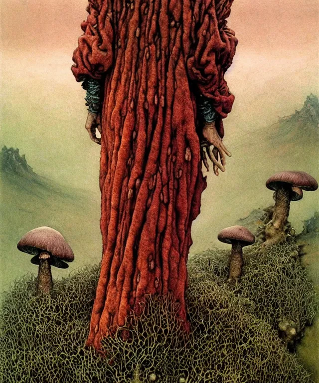 Image similar to A detailed funguswoman stands among the mushroom hills. Wearing a ripped mantle, robe. Perfect faces, extremely high details, realistic, fantasy art, solo, masterpiece, art by Zdzisław Beksiński, Arthur Rackham, Dariusz Zawadzki