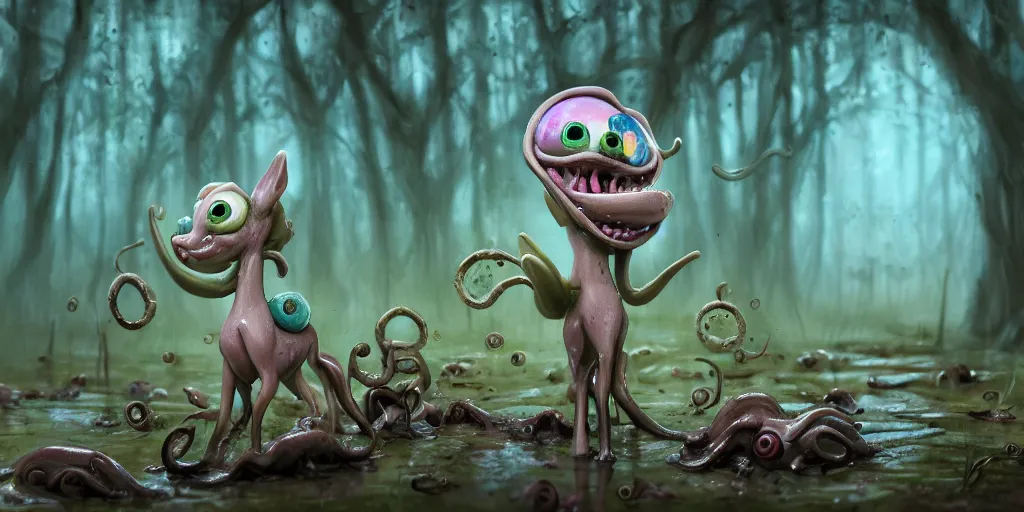 Prompt: of an intricate murky clay swamp with strange cute friendly laughing ponies with huge eyes, long tongue, square teeth and funny face appearing from the mud, in the style of craola, macro lens, shallow depth of field, highly detailed, digital painting, trending artstation, concept art, illustration, cinematic lighting, vibrant colors, photorealism, epic, octane render