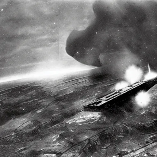 Image similar to an old ww2 photograph of a star destroyer crashing into earth