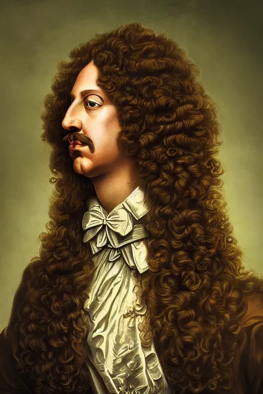 Prompt: portrait of ((((Louis xiv))))in the style of Rob Lefield and Dan Mumford Dan Mumford Dan Mumford , trending on artstation, digital art, surrealism, macro, vaporwave