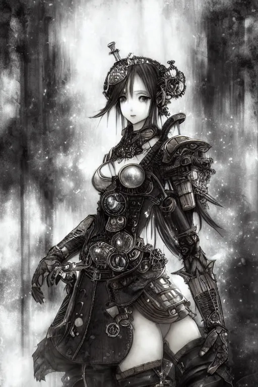 Image similar to a vertical portrait of a character in a scenic environment by Yoshitaka Amano, black and white, dreamy, steampunk armor, black hair, highly detailed