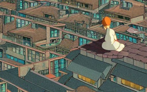 Prompt: a girl sitting on the roof of a building eating a sandwich, zoomed out, wide shot, far away, art by hayao miyazaki, studio ghibli film, hi res, 4k, high detail