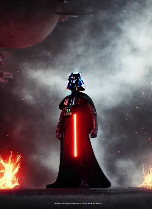 Image similar to darth vader from star wars posing, flames, dark atmosphere, cinematic shot, intricate, ornate, photorealistic, ultra detailed, realistic, 1 0 0 mm, photography, octane, high definition, depth of field, realism, 8 k, artstation