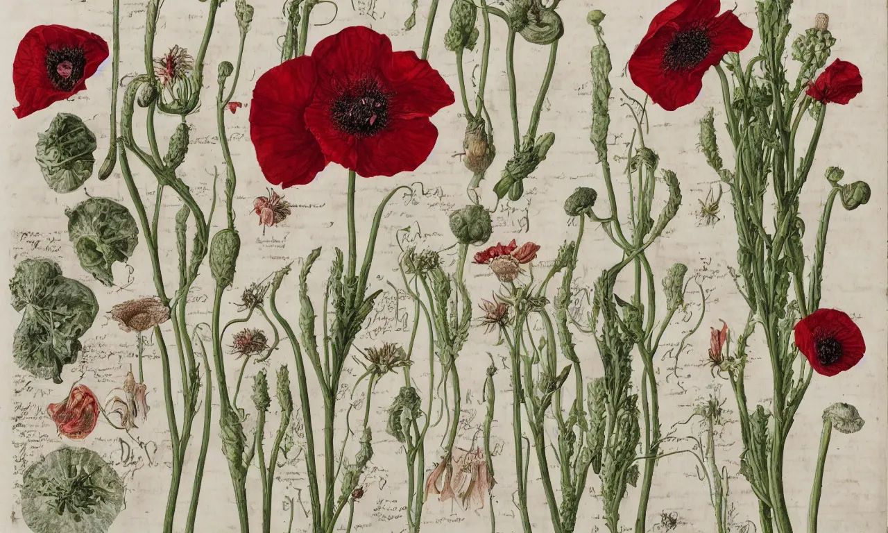 Image similar to botanical illustrations of papaver somniferum in the style of carl linnaeus, on parchment, watercolour, highly detailed 8 k /