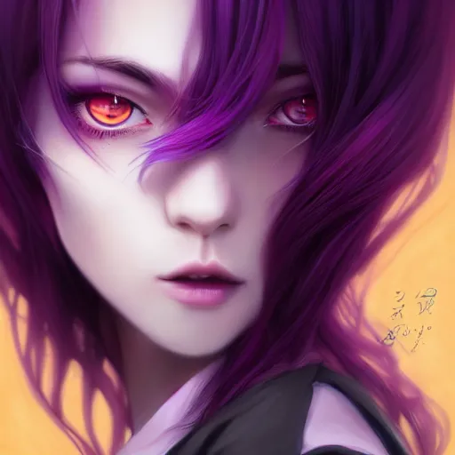 Image similar to beautiful anime women with purple hair, a straight horn on her forehead, purple eyes, a purple tuxedo, sharp focus, intricate, cell shaded, award winning photography, cinematic, digital painting, cinematic, wlop, 8 k, by ross tran, tom bagshaw