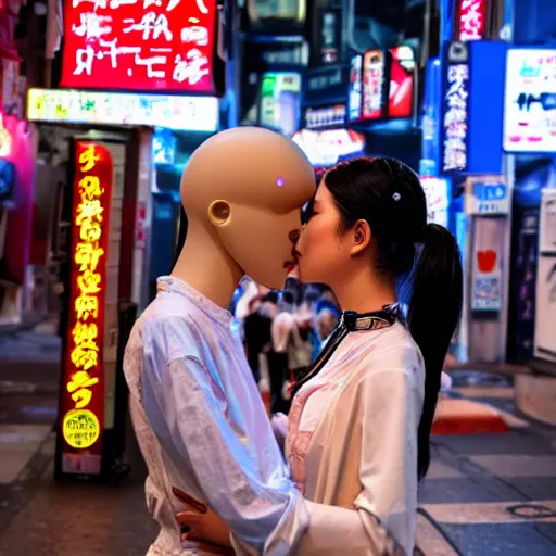 Image similar to Photograph of humanoid robot lovers kissing in cyberpunk Kabukicho