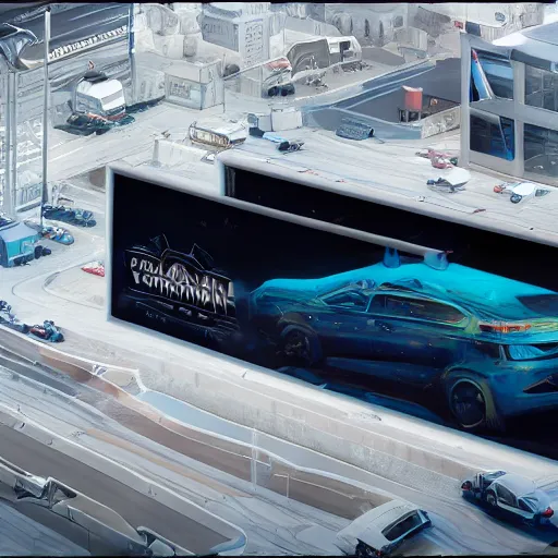 Image similar to sci-fi wall structure logotype and car on the coronation of napoleon painting and digital billboard in the middle, unreal engine 5, keyshot, octane, artstation trending, ultra high detail, ultra realistic, cinematic, 8k, 16k, in style of zaha hadid, in plastic, dark, tilt shift,