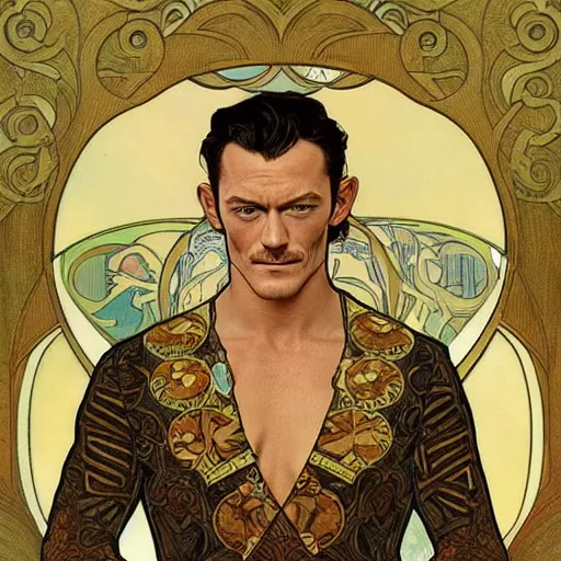 Prompt: luke evans portrait by louis - theophile hingre and alphonse mucha, realistic, sharp focus, zodiac signs, tarot cards, planets, ethereal, art nouveau, magic, moon, sun, crown, dreamy, royal, jewellery