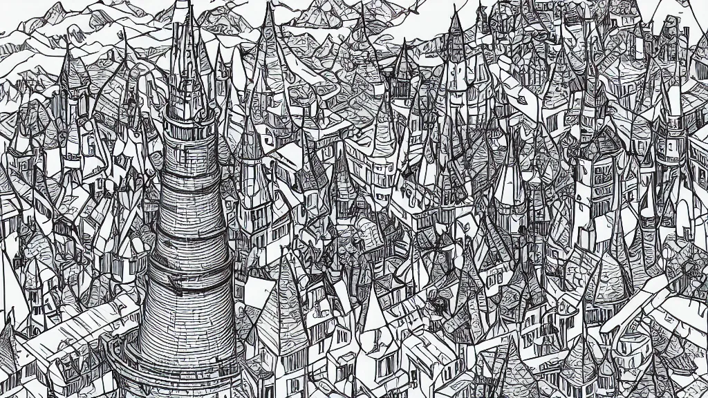 Image similar to aerial view centered on a wizard tower that's surrounded by mountains, lineart, colored