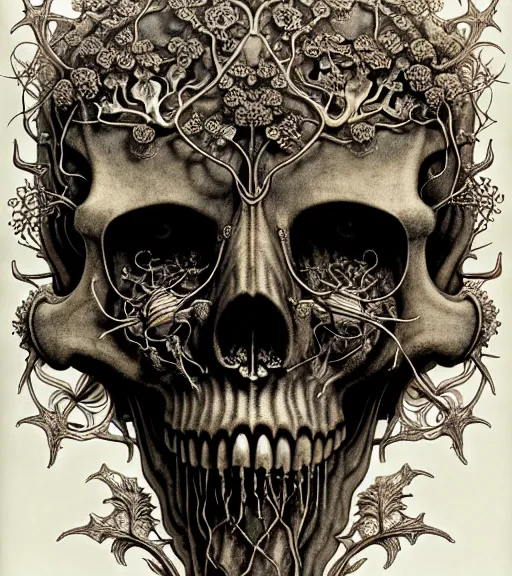 Image similar to art forms of nature by ernst haeckel, memento mori by arthur rackham, ornate antique porcelain beautiful skull mask, ultrasharp, photorealistic, hyperdetailed, octane render, polished, art nouveau, neo - gothic, gothic, intricate ornamental organic filigree, art nouveau botanicals, art forms of nature by ernst haeckel, horizontal symmetry, symbolist, visionary