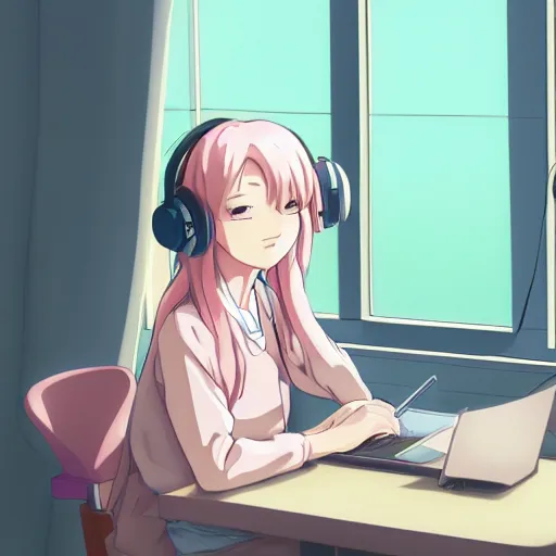 Prompt: high definition anime portrait of an anime girl with pastel colored hair sitting at a desk studying with headphones on, background is a window looking out into a busy Tokyo district, lo-fi art, by Studio Ghibli, trending on artstation, sharp high quality anime, digital art, photoshop, proportionate, ambient lighting