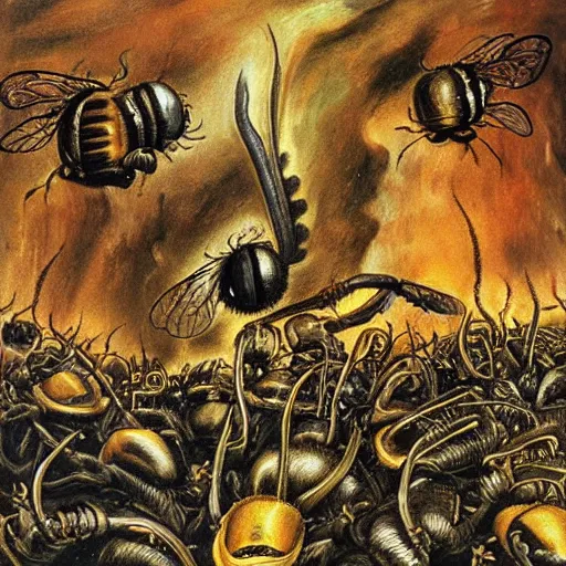 Image similar to bumblebees attacking sleeping people in hell, art by bosch, dali, giger, highly detailed, masterpiece