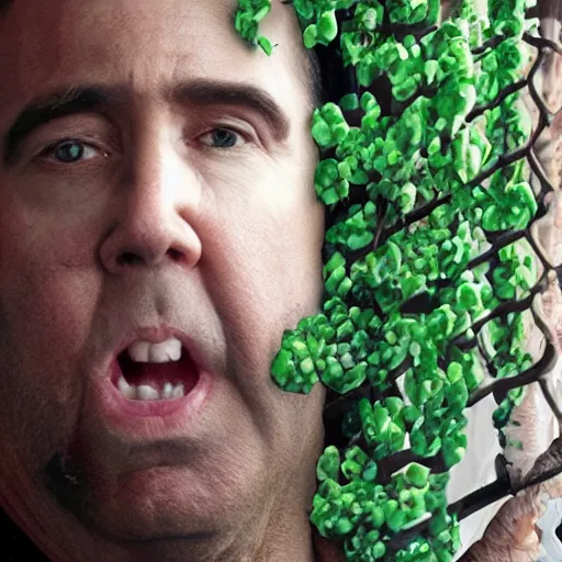 Image similar to nicolas cage trapped in a wicker cage with peas on his face, dying