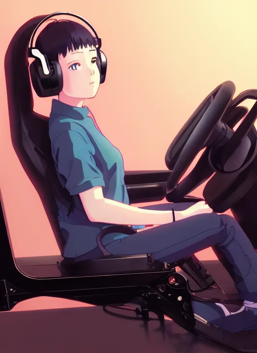 Prompt: portrait of girl driving on simracing simulator, personal room background, illustration concept art anime key visual trending pixiv fanbox by wlop and greg rutkowski and makoto shinkai and studio ghibli and kyoto animation, playseat evolution, long hair, symmetrical facial features, red headphones, thrustmaster t 3 0 0, sf 1 0 0 0 steering wheel