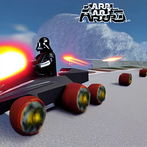 Image similar to still image of darth vader driving in mario kart tour deluxe race, unreal engine, octane